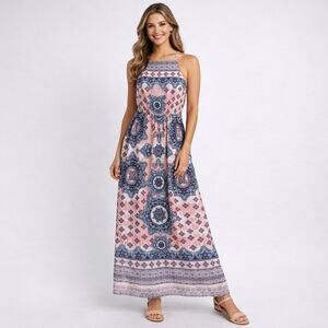 Altar’d State Boho Maxi Dress Pink Blue Medallion Print Halter Sleeveless Flowy